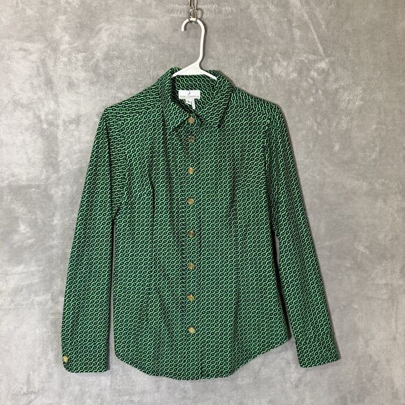 Jude Connally Top S Green Print Catalina Cloth Gold Button Collared Long Sleeve - Picture 1 of 8